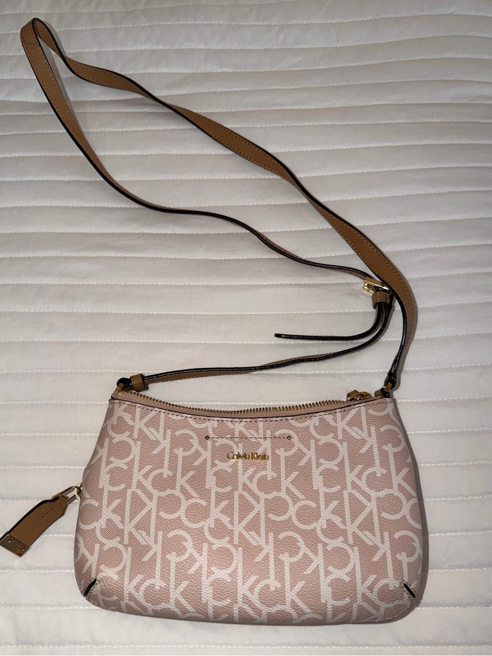 Calvin Klein Light Pink Monogram Crossbody with Tan Strap